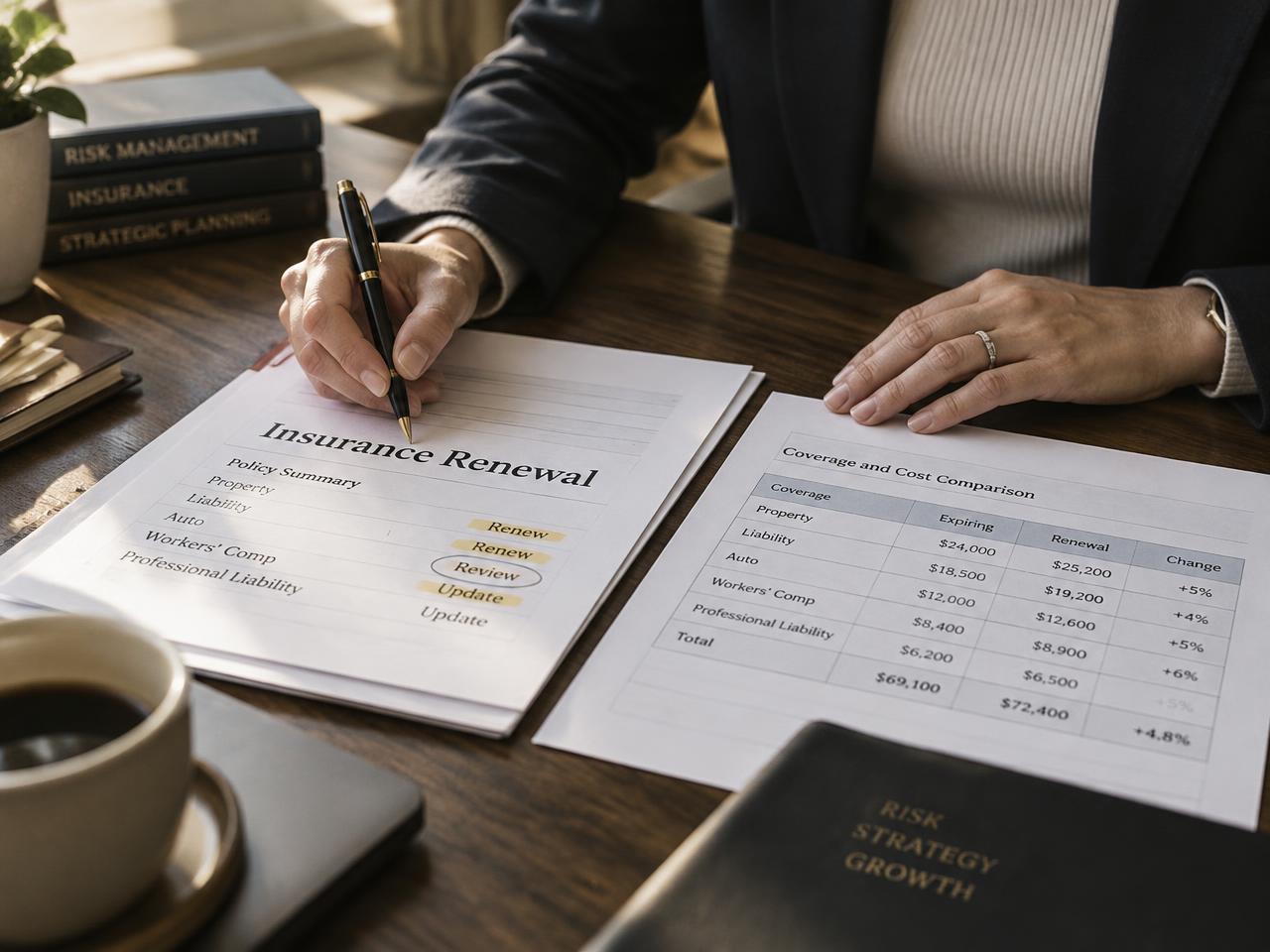 Insurance renewal documents being reviewed on a desk